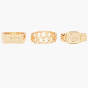 True Religion Gold Color Metallic Thick 3 Pack Logo Rings